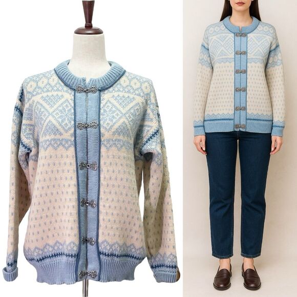 Dale of Norway Cardigan Blue White Wool Nordic Fair Isle Knit Sweater Large | 42 - Picture 1 of 16